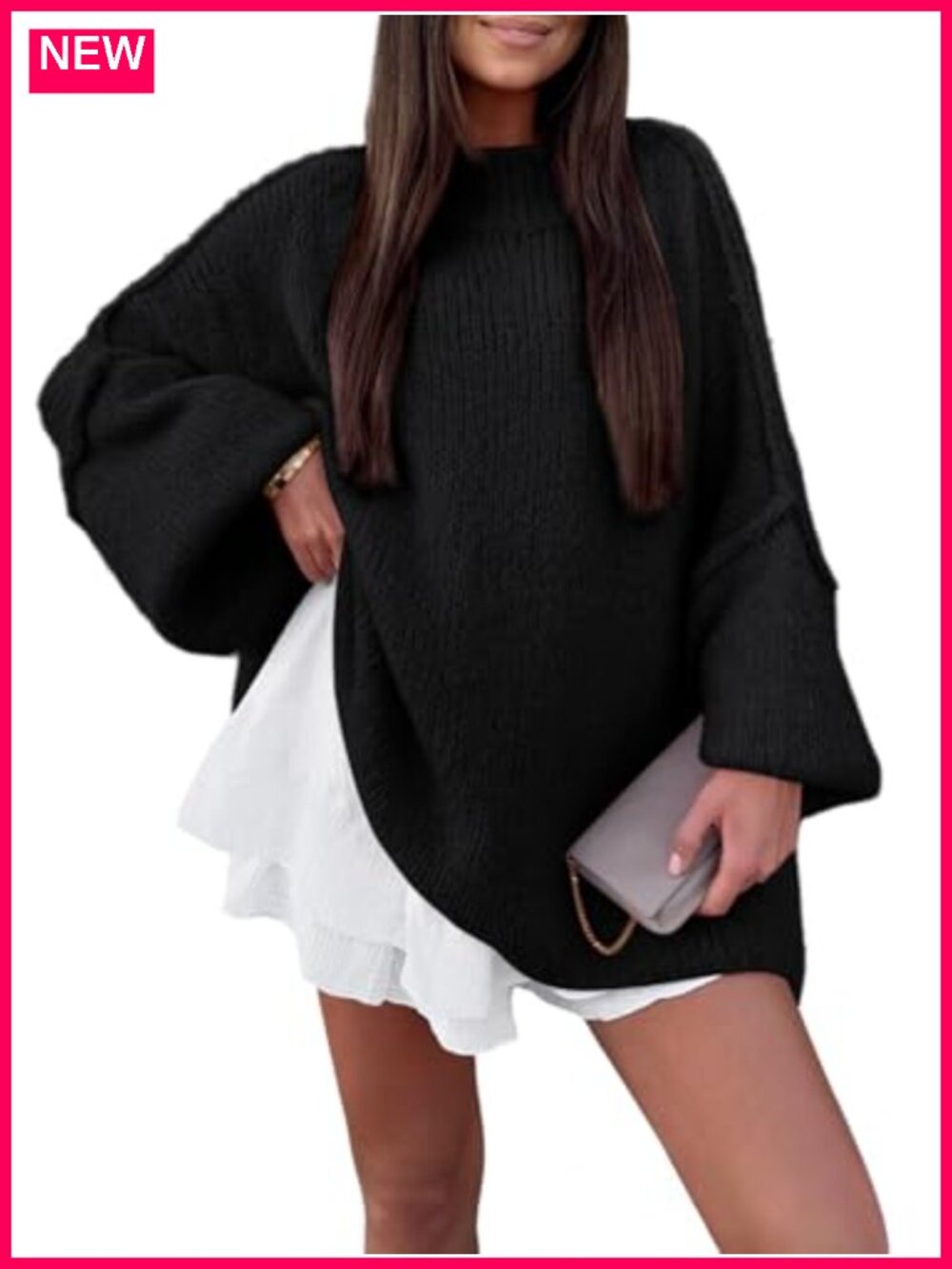Oversized Mock Neck Batwing Chunky Knit Pullover Sweater Soft Warm